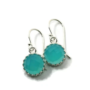 10mm Aqua Chalcedony Crown Bezel Drop Earrings - Picture 1 of 5