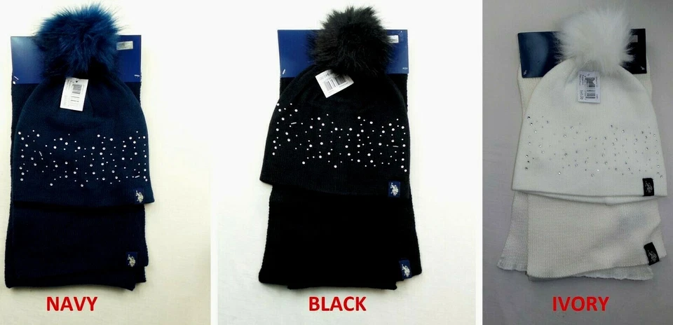 U.S. Polo Assn. Conjunto de bufanda tejida para mujer y pompón sombrero azul marino negro marfil nuevo MSP $40 Foto 1 de 1