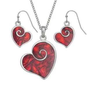 Swirly Heart Earrings & Necklace Set with Red Paua Shell. Gift box included. - Picture 1 of 3