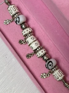 White Enamel European Bead Charm Silver Tone Snake Chain Bracelet Pretty Clasp - Picture 1 of 9