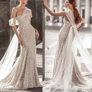 Mermaid Wedding Dresses Strapless Flower Applique Sleeveless Shawl Train Layered - Picture 1 of 12