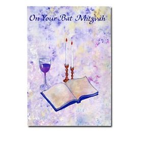 One Bat Mitzvah Greeting Card Kiddush Cup Candle Holders in Purple Shades - Picture 1 of 1