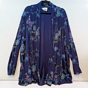 BRYLANE WOMAN Blue Floral Draped Front Slinky Knit Cardigan, Sz Tall L - Picture 1 of 10