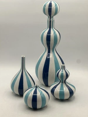 Jonathan Adler Complete 4 Piece Happy Chic Blue Striped Decorative Bud Vase Set - Image 1 of 4