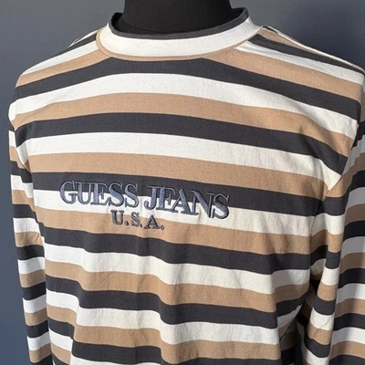 Guess Jeans Shirt | Size Small | Brown Gray Khaki Stripe Vintage USA 90s - Image 1 of 4