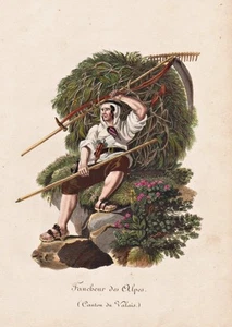 Suiza Cantón Valais Valais Suisse trajes traje aguatinta grabado 1820 - Imagen 1 de 1