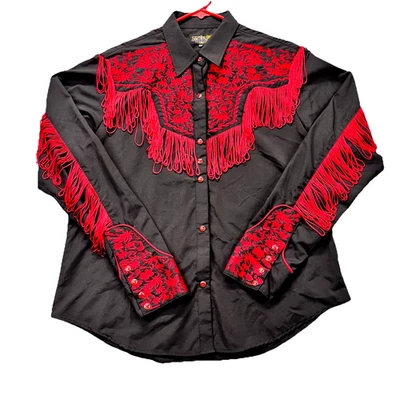 Senor De Los Cielos Western Shirt Womens 2XL Pearl Snap Fringes Black Red Floral - Image 1 of 4