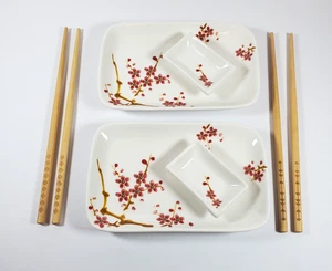 Sushi Teller Set für zwei Dipp-Saußenschalen und Essstäbchen Kirschblütenmuster - Bild 1 von 7