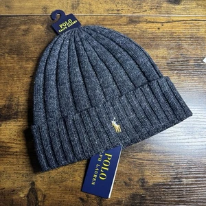 NWT Polo Ralph Lauren Signature Wool Blend Cuffed Beanie Dark Gray Winter - Picture 1 of 6