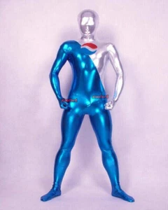 Halloween Blue and Silver Pepsi Shiny Metallic Pepsiman Zentai Costume Cosplay - Picture 1 of 2