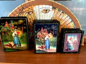 HANDBEMALTE RUSSISCHE PALEKH LACKIERTE BOX 3ER SET VIELSEITIG EINSETZBAR PLUS 3 GESCHENKE MUST C - Bild 1 von 9