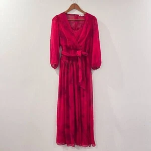 Calvin Klein Maxikleid Gr. 2 Damen rot lang Puffärmel Bindegürtel - Bild 1 von 9