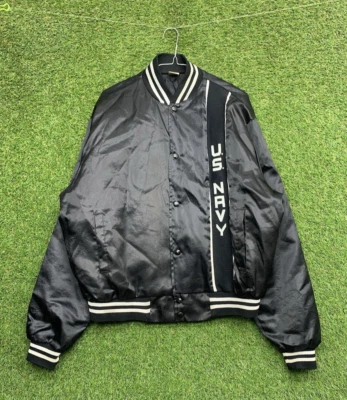 Vintage  US Navy Jacket Mens 46 Black Satin Snap Close Varsity Y2K 90s 00s — 第 1/4 张图片