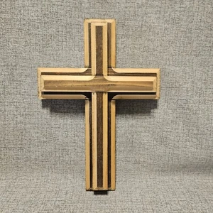 Rugged Wooden Cross Wall Hanging USA Homemade 8.5" X 5.5"  Rustic Two Tone - Picture 1 of 8