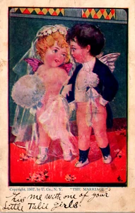 1907 Postcard "The Marriage" Girl and Boy Cherubs Getting Married Art Nouveau - Picture 1 of 3