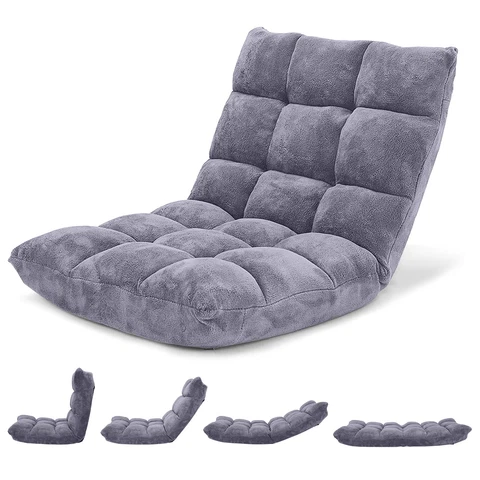 Adjustable 14Position Floor Chair Folding Lazy Gaming Sofa Chair Cushioned-Black Cover