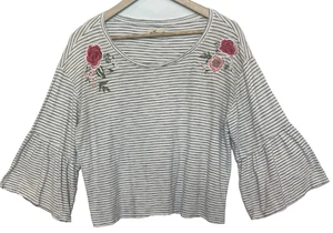 Hollister Floral Embroidered Bell Sleeve Top Womens Size M Striped Cottage Boho - Picture 1 of 9