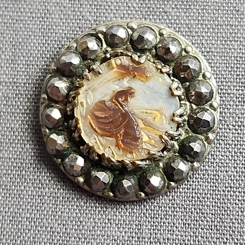 Antique Cut Steel Carved Mother Of Pearl Button 5/8" Woman In A Puffy Dress Gown Cover