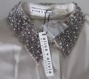 ALICE + OLIVIA IVORY STACEY BENDET BLOUSE RHINESTONE BEAD COLLAR MEDIUM NWT TOP - Picture 1 of 12