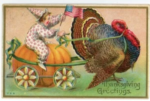 Thanksgiving Patriotic Clown on Pumpkin Cart Pulled by Turkey - Picture 1 of 2