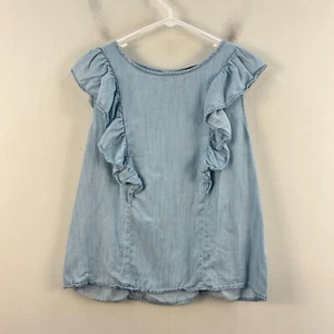 Banana Republic Women Large Blouse Blue Woven Short Sleeve Ruffle Pullover 22455 - Picture 1 of 9