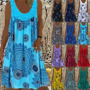 Women Boho PRINTED Summer Loose Tank Dress Tops Lace Casual Dresses PLUS SIZE UK - Picture 1 of 26