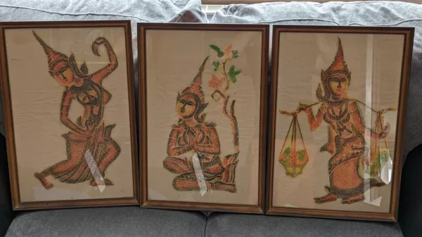 Vintage Thai Temple Rubbing Triptych of Female Figures Wood Framed 19 x 13"