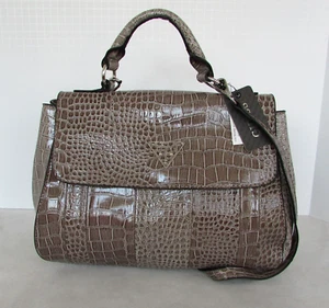 GUESS Satchel Handbag Crossbody Bag Patent Croc Embossed Purse Taupe Bayview NWT - Picture 1 of 13