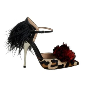 Giambattista Valli Womens Pompom Feather Trim Leopard Slingback High Heels EUR41 - Picture 1 of 12