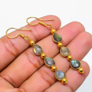 Orecchini gioiello in argento massiccio 925 pietra preziosa labradorite 2,36" O142 - Foto 1 di 4
