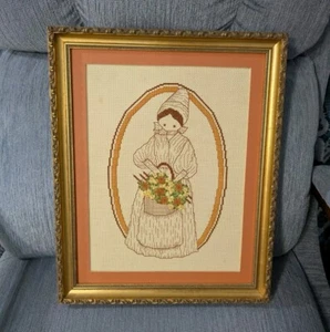 12 X 15 Ornate Carved Gold Framed Bonnet Girl Cross Stitch - Picture 1 of 3