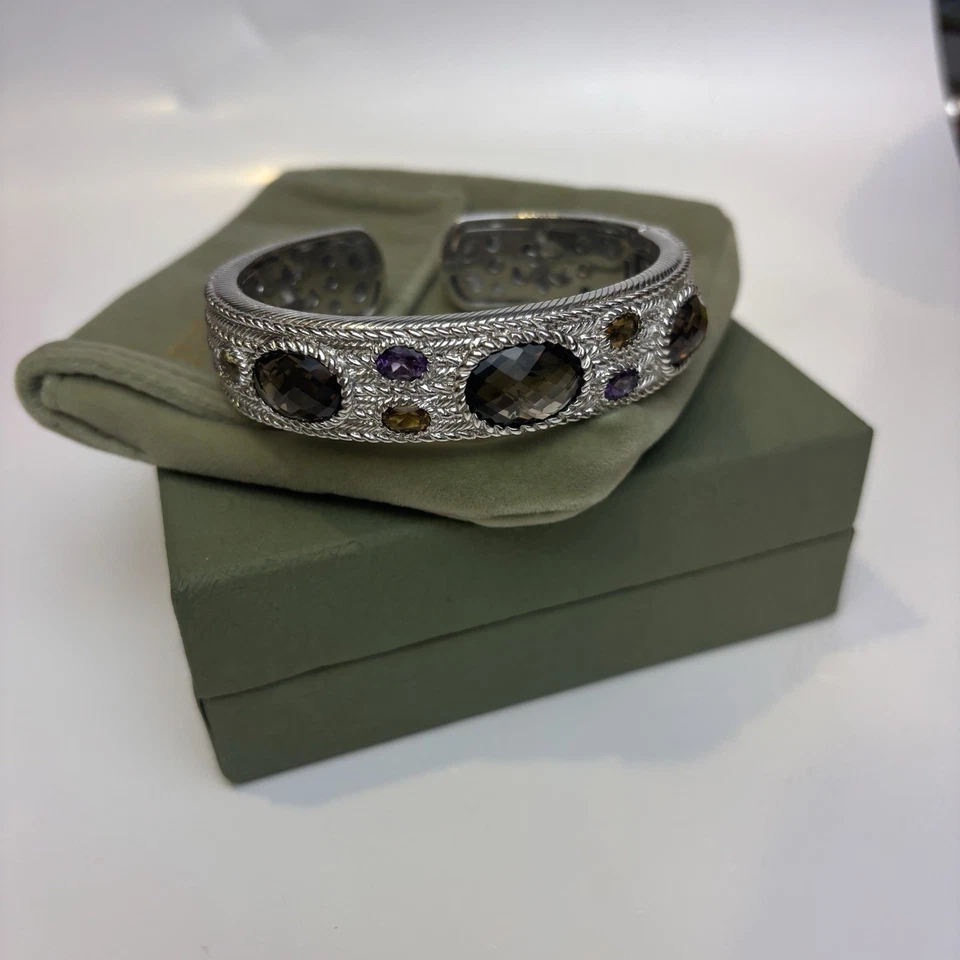 Judith Ripka Bracelet Hinged Cuff 7.5 Smoky Quartz Amethyst Sterling Silver 80g - Image 1 of 4