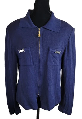 Chaqueta de Bolsillo Colección St John Por Marie Gris Azul Marino Cremallera Completa Logo Dorado M Foto 1 de 4
