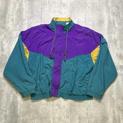 Vintage Retro 90s Purple Teal and Yellow Windbreaker Jacket Adult L - Image 1 of 4