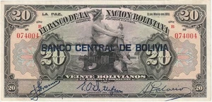 Bolivien 20 Bolivianos Banknote 1911/1929 extra schöne Erhaltung Pick#115-A - Bild 1 von 2