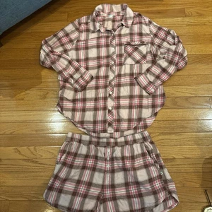Conjunto de pijama Aerie rosa/marrón franela manga larga/pantalones cortos - MED usado - Imagen 1 de 8