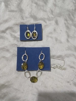 NWOT Avon Costume Jewelry Silver W/ Large Yellow Stones Necklace & Earrings Set - Image 1 of 4