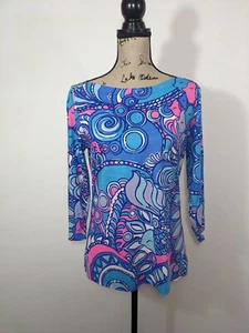 Lilly Pulitzer ALIDA TOP Multi Sea Jewels Pink Blue 3/4 Sleeve size M Medium - Picture 1 of 12