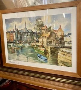 Brunet - Honfleur : Le Bassin Encadré Signé Affiche D’après Aquarelle 43x38cm - Photo 1/5