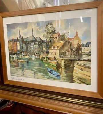 Brunet - Honfleur : Le Bassin Encadré Signé Affiche D’après Aquarelle 43x38cm - Photo 1/4
