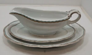 Vtg Hutschenreuther Selb White/Green/Gold Gravy Boat W/Plate & Platter 1930 - Picture 1 of 19