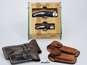 D2 Blade Titanium Handle Folding Knife Set Display Stand 4x Leather Cases 