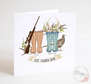 Hunting Wellies Anniversary or Wedding Card - Personalised - Country Life - Picture 1 of 1