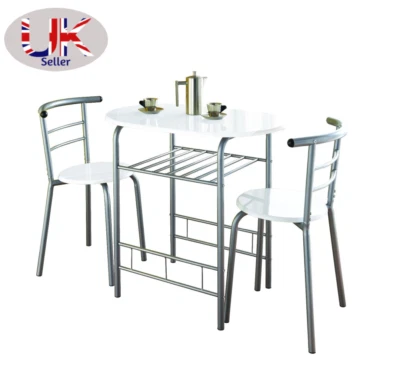 High Gloss Dining Table Breakfast Bar 2 Chairs Set Metal Frame Kitchen White - Image 1 of 4