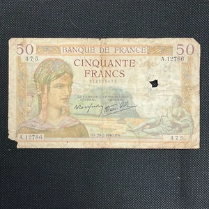 1940 France 50 Francs Circulated Holed - Picture 1 of 2