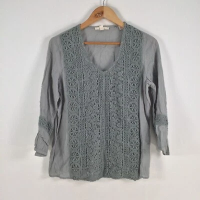 Esprit womens blouse top size 12 grey broderie 3/4 sleeve Vneck 051702 - Image 1 of 4
