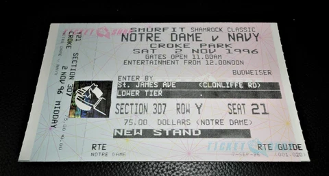 NOTRE DAME vs NAVY 1996 COMPLETE TICKET-PLAYED IN IRELAND-1ST SHAMROCK CLASSIC Cover