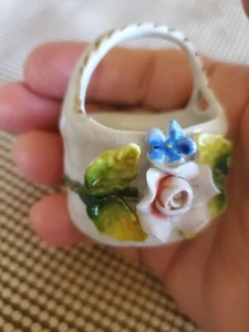 Vntg Antique German Porcelain Mini White Basket Emboss Elfinware Applied Floral - Picture 1 of 13