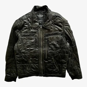 Vintage 90s Men's Redskins Black Leather Puffer Leather Jacket, Military Army - Picture 1 of 11