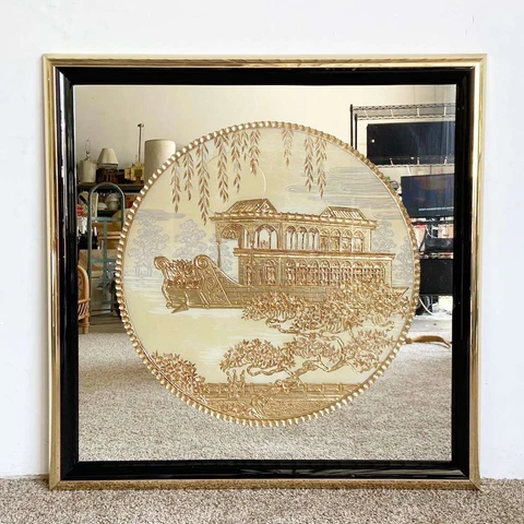 Chinoiserie Gilded Carving and Eglomise Wall Mirror - Marble Boat Cover